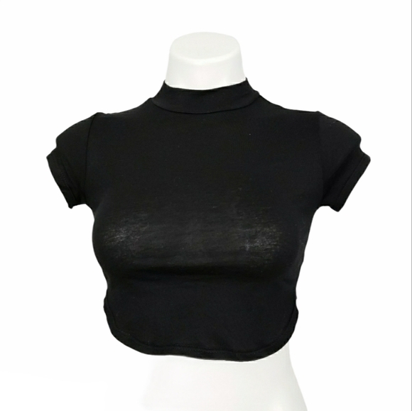 Forever 21 black mock neck ribbed crop top S NWT round hem Y2K tee fitted - Picture 2 of 4